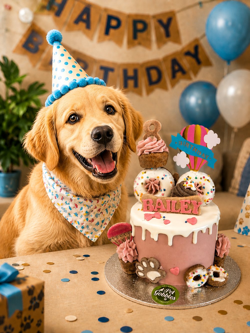 A golden retriever in a blue party hat beside a pastel rosette Pet Gobbles birthday cake topped with a number-one candle