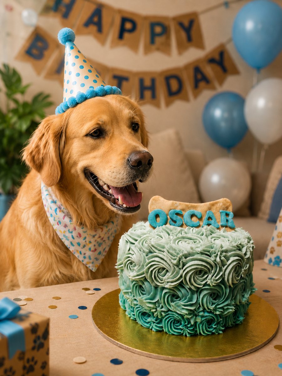 A golden retriever in a party hat beside its Pet Gobbles birthday cake